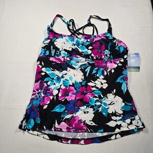 Island Waves Womens Floral Strappy Back Tankini Swim Top Black Pink Blue Small